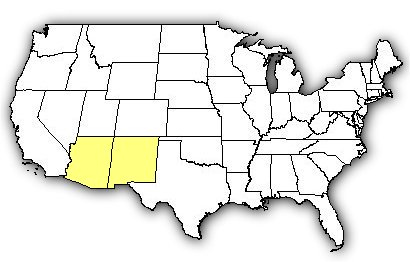 Map of US states the Reticulated Gila Monster is found in.