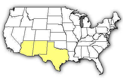 Map of US states the Banded Rock Rattlesnake is found in.