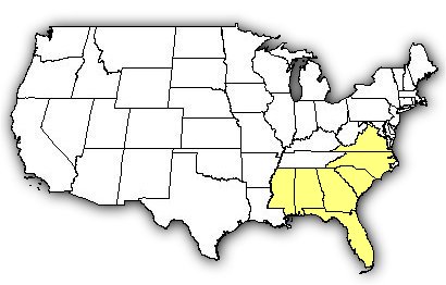 Map of US states the Eastern Cottonmouth is found in.