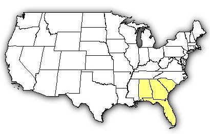 Map of US states the Florida Cottonmouth is found in.