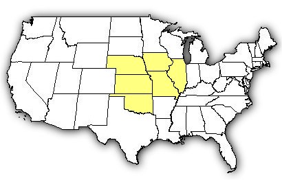 Map of US states the Osage Copperhead is found in.